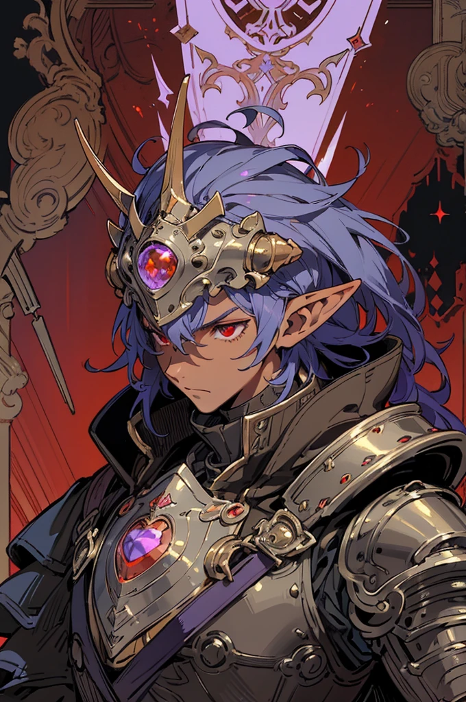 masterpiece, best quality, ultra high res, dark theme, 1boy, (dungeonpunk armor), (mechanical steampunk armor), (wearing armor), fantasy illustration, dark skinned, human, upper body, portrait, red eyes, long white hair, half-drow, pointy ears, serious face, young man, dramatic lighting, purple hue, art by Kinema Citrus