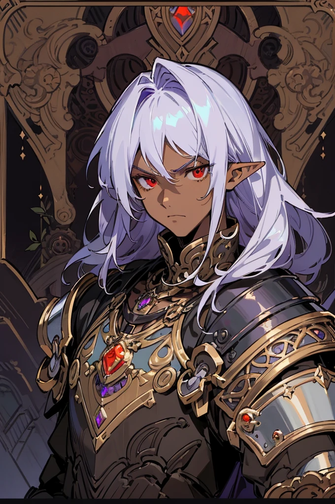 masterpiece, best quality, ultra high res, dark theme, 1boy, (dungeonpunk armor), (mechanical steampunk armor), (wearing armor), fantasy illustration, dark skinned, human, upper body, portrait, red eyes, long white hair, half-drow, pointy ears, serious face, young man, dramatic lighting, purple hue, art by Kinema Citrus