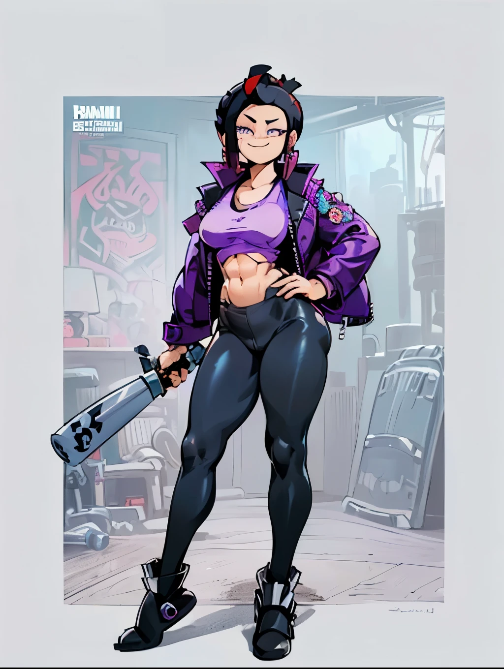 (((My Hero Academia Style))), (((Bibi))), (((Brawl Stars))), (((Wide hips))), (((wide thighs))), (((medium breasts))), (((blue spiked leather jacket))), (((blue leather jacket))), (( (leather jacket with spikes))), (((lilac top tank))), (((top tank))), (((Abs))), (((exposed abdomen))), (((marked abdomen))), (((tight leggings black))), (((tight leggings))), (((black leggings))), (((baseball bat))), (((Holding a baseball bat))), (((holding a bat))), (((shark smile))), (((lilac eyes))), (((evil smile))), (((traditional black slippers))), (((black slippers))), (((traditional slippers))), (((hair black))), (((pompadour hairstyle))), (((black hair pompadour hairstyle))), (((perfect anatomy))), (((perfect hands))), (((super detailed))), ( ((full body photo:1.5))), 