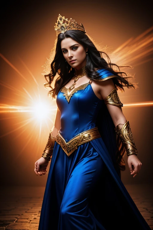 A woman warrior with a strong and heroic presence, long dark hair, piercing blue eyes, wearing a red and blue costume with a golden tiara and lasso, standing in a powerful pose against a dramatic background, (best quality,4k,8k,highres,masterpiece:1.2),ultra-detailed,(realistic,photorealistic,photo-realistic:1.37),detailed facial features, intricate costume details, dynamic lighting, epic fantasy landscape, cinematic composition, rich colors, dramatic atmosphere