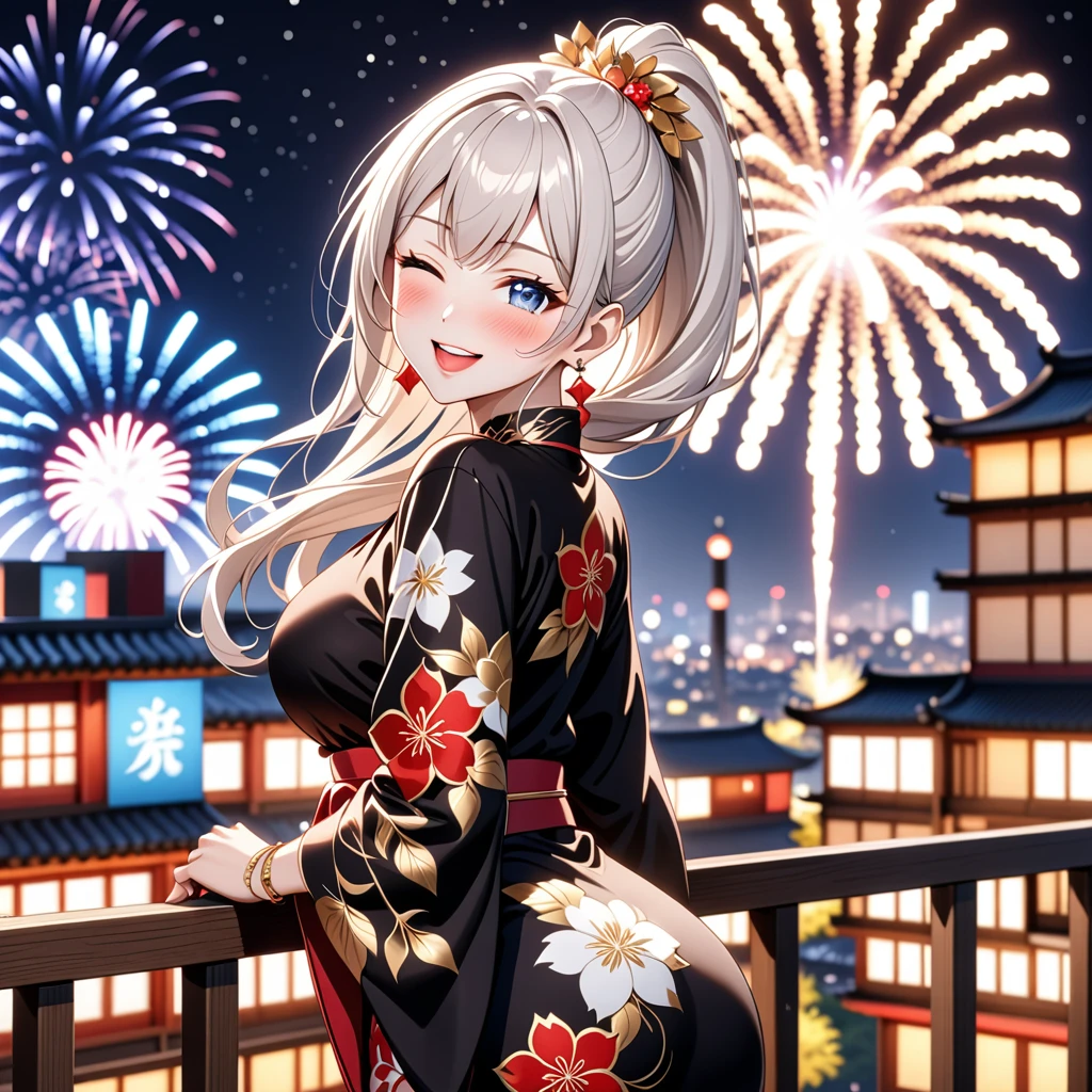 ((One personの女性)), Beautiful Face, (Laughing embarrassedly), (seductive smile:1.4), ((Wink:1.9)), (head tilt:1.3), Laugh with your mouth wide open, upper teeth, looking at viewer, ((full-face blush:1.6)),Glossy Red Lips,Night view, High terrace, firework, Glossy red lips, Shining Face, ((Anime style background)),masterpiece, Highest quality, so beautiful,up to date, Complex details, (Pink long nails),(ring),(bracelet),(Floral choker),AI-generated, Complex,High resolution, Highest quality, super high quality,3D Images、3D Images,One person,Long white hair,High Ponytail, Anime woman posing for a photo,(blue eyes), ((Fine grain、Silvery white, lightly pigmented eyes、Shining Eyes:1.3)), (Squint your eyes:1.1),a hyperRealistic , hyperRealistic , Realistic,Anime woman with long white hair, Smooth anime CG art, A woman in a colorful kimono with gold embroidery, ((Black long sleeve kimono)),Red floral pattern,Long flower hair ornament,Earrings,Mature Body,(Big Breasts:1.1),Tall,Abdominal muscles,Tight waist,(Leaning forward), (hip focus:1.1), ((looking back)),