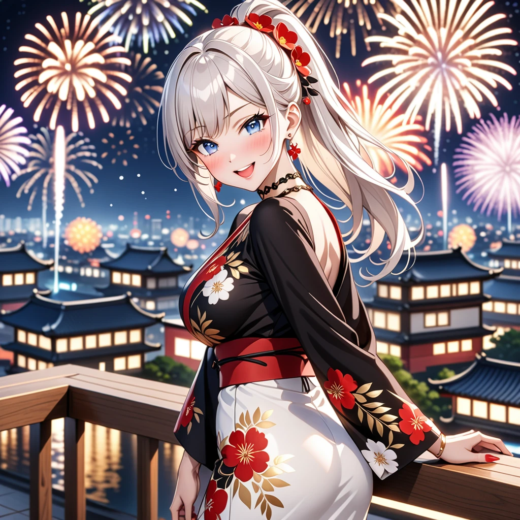 ((One personの女性)), Beautiful Face, (Laughing embarrassedly), (seductive smile:1.4), ((Wink:1.9)), (head tilt:1.3), Laugh with your mouth wide open, upper teeth, looking at viewer, ((full-face blush:1.6)),Glossy Red Lips,Night view, High terrace, firework, Glossy red lips, Shining Face, ((Anime style background)),masterpiece, Highest quality, so beautiful,up to date, Complex details, (Pink long nails),(ring),(bracelet),(Floral choker),AI-generated, Complex,High resolution, Highest quality, super high quality,3D Images、3D Images,One person,Long white hair,High Ponytail, Anime woman posing for a photo,(blue eyes), ((Fine grain、Silvery white, lightly pigmented eyes、Shining Eyes:1.3)), (Squint your eyes:1.1),a hyperRealistic , hyperRealistic , Realistic,Anime woman with long white hair, Smooth anime CG art, A woman in a colorful kimono with gold embroidery, ((Black long sleeve kimono)),Red floral pattern,Long flower hair ornament,Earrings,Mature Body,(Big Breasts:1.1),Tall,Abdominal muscles,Tight waist,(Leaning forward), (hip focus:1.1), ((looking back)),