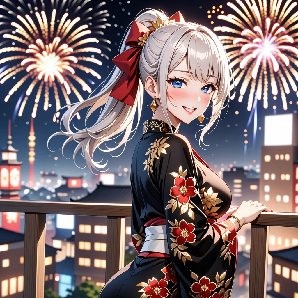 ((One personの女性)), Beautiful Face, (Laughing embarrassedly), (seductive smile:1.4), ((Wink:1.9)), (head tilt:1.3), Laugh with your mouth wide open, upper teeth, looking at viewer, ((full-face blush:1.6)),Glossy Red Lips,Night view, High terrace, firework, Glossy red lips, Shining Face, ((Anime style background)),masterpiece, Highest quality, so beautiful,up to date, Complex details, (Pink long nails),(ring),(bracelet),(Floral choker),AI-generated, Complex,High resolution, Highest quality, super high quality,3D Images、3D Images,One person,Long white hair,High Ponytail, Anime woman posing for a photo,(blue eyes), ((Fine grain、Silvery white, lightly pigmented eyes、Shining Eyes:1.3)), (Squint your eyes:1.1),a hyperRealistic , hyperRealistic , Realistic,Anime woman with long white hair, Smooth anime CG art, A woman in a colorful kimono with gold embroidery, ((Black long sleeve kimono)),Red floral pattern,Long flower hair ornament,Earrings,Mature Body,(Big Breasts:1.1),Tall,Abdominal muscles,Tight waist,(Leaning forward), (hip focus:1.1), ((looking back)),