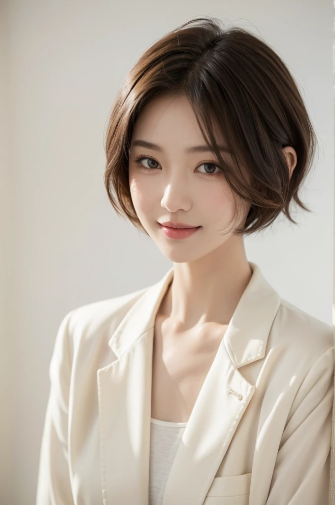 realistic light,natural light,white background,최고 quality、8 thousand、32,000、masterpiece、uhd:1.2) quality, primitive photorealism, laugh, Beautiful girl, cute, Short hair, depth of field, high resolution, ultra detail, Highly detailed eyes and face,small eyes,Short hair,short cut,short hair,Ivory Jacket