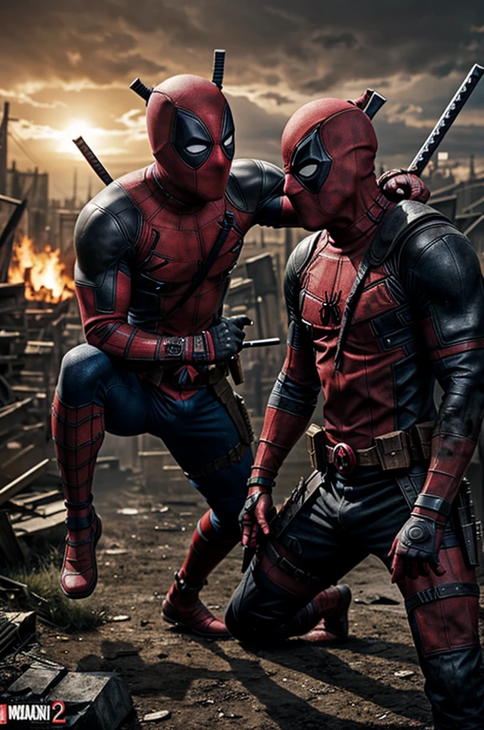 A bloody 🩸 confrontation between Deadpool and Spiderman, In a post-apocalyptic setting. The two mutants are bloodied and bruised, and their costumes are torn. Deadpool is brandishing his katanas, enquanto Wolverine empunha suas garras. The battle is fierce, And the two fighters are giving it their all. --ar 2:1
