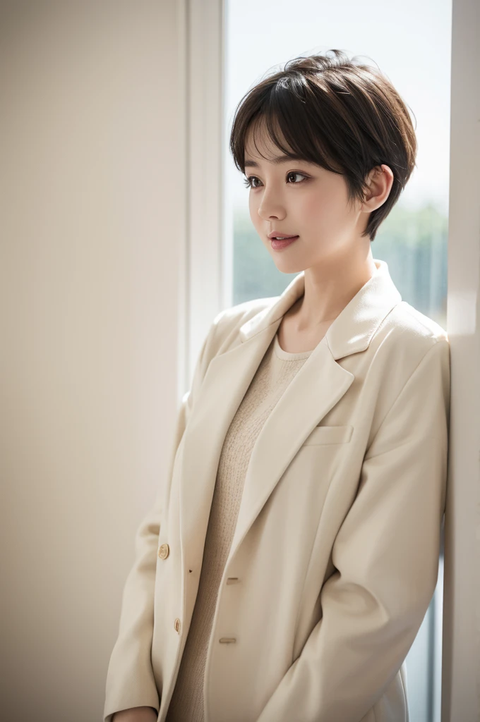 realistic light,natural light,white background,최고 quality、8 thousand、32,000、masterpiece、uhd:1.2) quality, primitive photorealism, laugh, Beautiful girl, cute, Short hair, depth of field, high resolution, ultra detail, Highly detailed eyes and face,small eyes,Short hair,short cut,short hair,Ivory Jacket