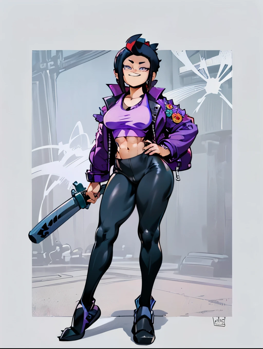 (((My Hero Academia Style))), (((Bibi))), (((Brawl Stars))), (((Wide hips))), (((wide thighs))), (((medium breasts))), (((blue spiked leather jacket))), (((blue leather jacket))), (( (leather jacket with spikes))), (((lilac top tank))), (((top tank))), (((Abs))), (((exposed abdomen))), (((marked abdomen))), (((tight leggings black))), (((tight leggings))), (((black leggings))), (((baseball bat))), (((Holding a baseball bat))), (((holding a bat))), (((shark smile))), (((lilac eyes))), (((evil smile))), (((traditional black slippers))), (((black slippers))), (((traditional slippers))), (((hair black))), (((pompadour hairstyle))), (((black hair pompadour hairstyle))), (((perfect anatomy))), (((perfect hands))), (((super detailed))), ( ((full body photo:1.5))), 