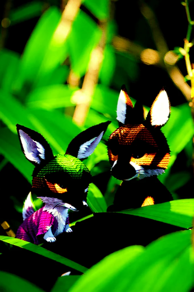 imagine prompt: 3D, personality: [Illustrate a sly fox named Chamki and a naive deer named Mitthu in a lush green jungle setting. Chamki is sly looking with a mischievous grin, while Mitthu appears innocent and trusting.] unreal engine, hyper real --q 2 --v 5.2 --ar 16:9
