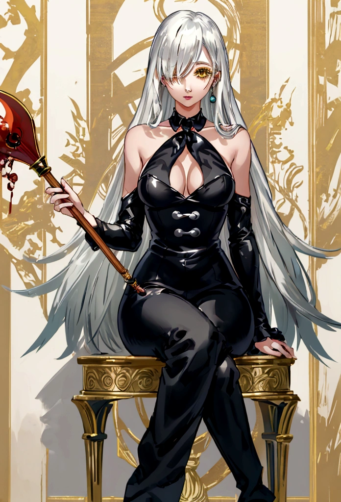 Best quality,masterpiece,a high resolution,Adult female, businesswoman, mature female,skinny,nardack, visible breasts apart, visible collarbone, isible breasts apart, holding cane, visible cane, white hair, lipstick, long hair, yellow eyes, black coat, long pant, black pant, thighs, bloodborne style, sitting on throne, legs crossed.