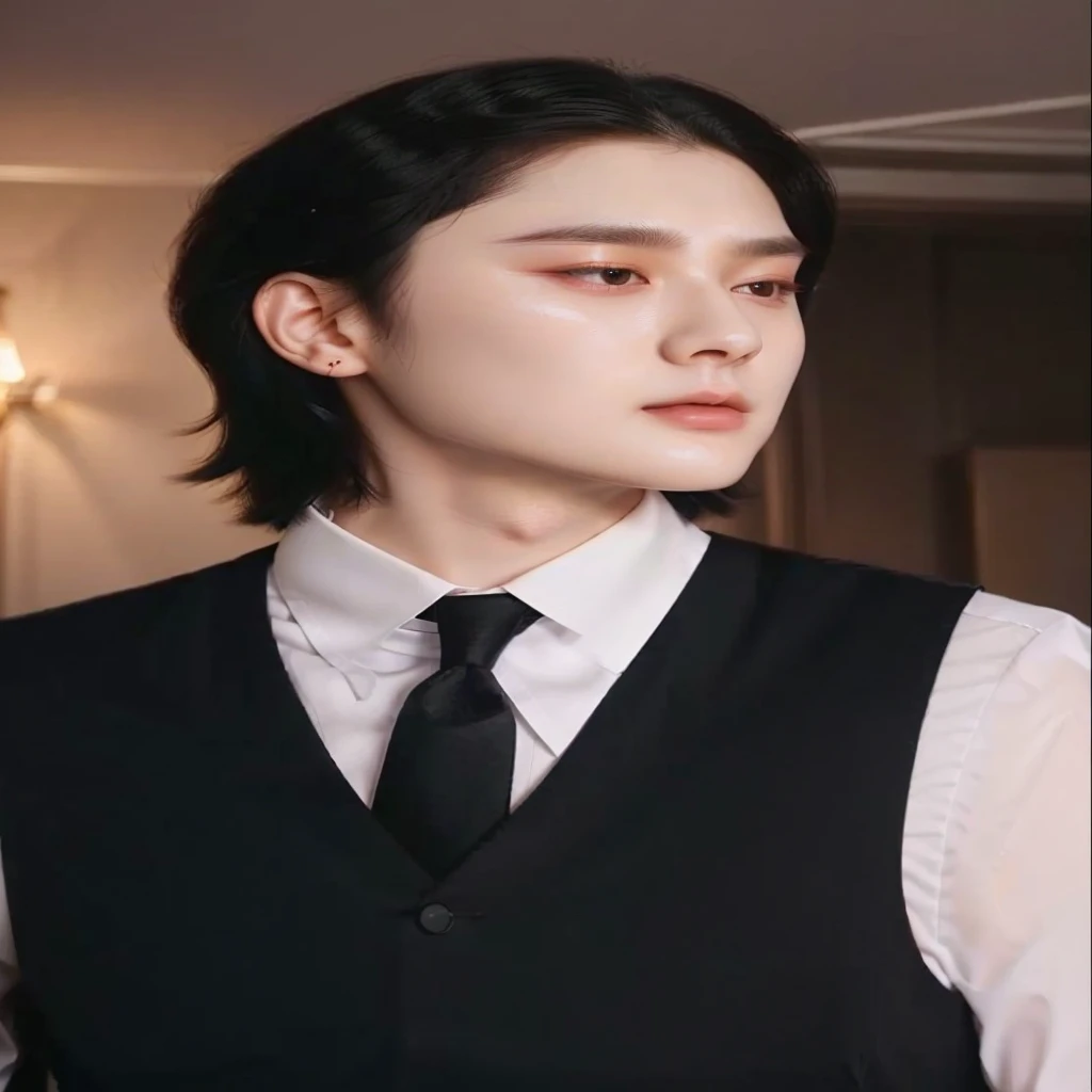 there is a man in a vest and tie standing in a room, delicate androgynous prince, black haired yoongi, beautiful androgynous prince, kim doyoung, Jung Jaehyun, young pale angel, jia, cai xukun, inspired by Zhang Han, jinyoung shin, Yan, inspired by Bian Shoumin, seson yoon, pale korean adorable face
