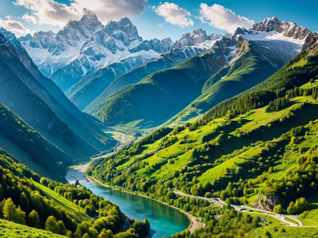 a breathtaking panoramic view of the majestic Caucasus mountains,snow-capped peaks,lush green forests,winding rivers,dramatic rock formations,dramatic lighting,vibrant colors,cinematic composition,highly detailed,photorealistic,epic landscape,masterpiece