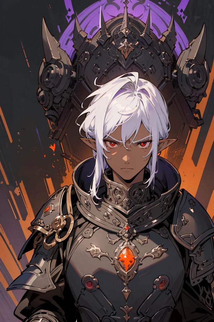 masterpiece, best quality, ultra high res, dark theme, 1boy, (dungeonpunk armor), (mechanical steampunk armor), (wearing armor), fantasy illustration, dark skinned, human, upper body, portrait, red eyes, long white hair, half-drow, pointy ears, serious face, young man, dramatic lighting, purple hue, art by Kinema Citrus