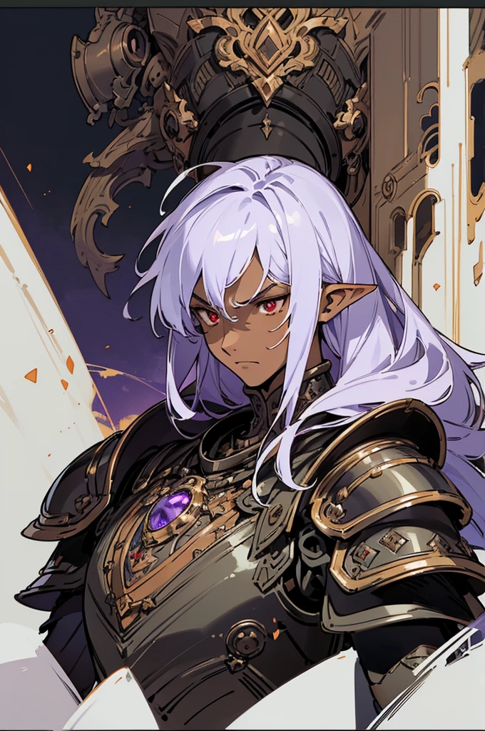 masterpiece, best quality, ultra high res, dark theme, 1boy, (dungeonpunk armor), (mechanical steampunk armor), (wearing armor), fantasy illustration, dark skinned, human, upper body, portrait, red eyes, long white hair, half-drow, pointy ears, serious face, young man, dramatic lighting, purple hue, art by Kinema Citrus