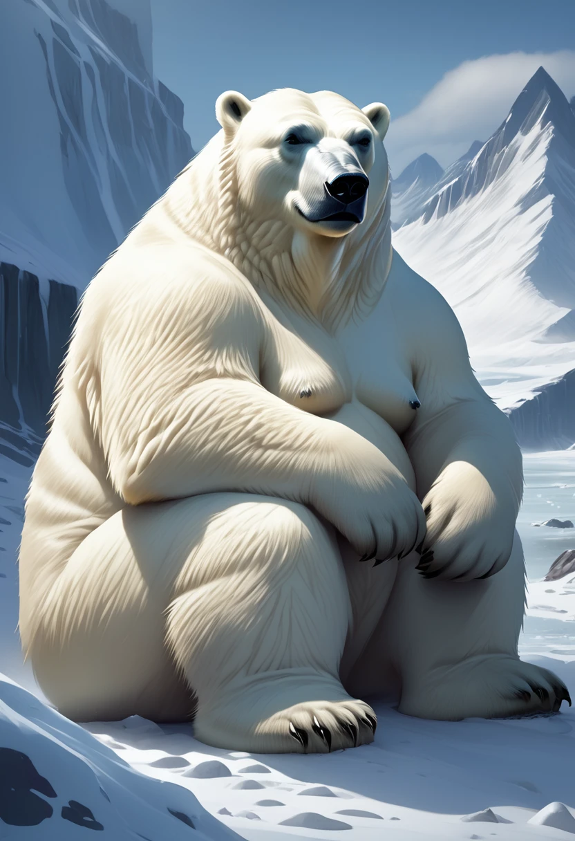 polar bear，fat，full，There is hair on the body，No clothes，Sitting，Orcs