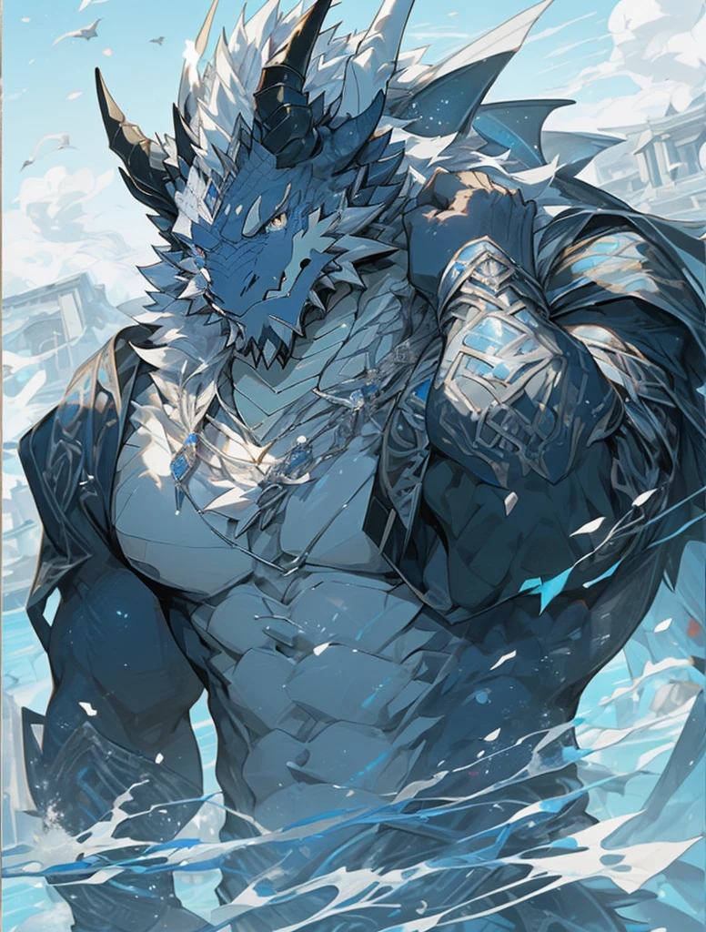 White Dragon Man:1.3, Solitary, Vertical pupil,Eye, (Extended), Slim, (Eye anthro dragon):1.3, (Silvery white scales on the body:1.4), White belly, (The Beast:1.4), Silver scales all over the body , 细致的Eye, ((Portraits)), , (细致的Eye, 蓝Eye, 明亮的Eye):1.1,  He is a mage,robe , The art of math, masterpiece, Anime style，Mane on the neck:1.4，Silvery-white horns:1.2，Damaged clothes:1.6，Holding the sword to support the body：1.5