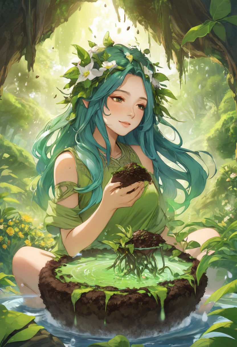 One girl, Female Earth Spirit, Earth-colored hair, Internal soil springs, Put a few drops of soil on your skin,