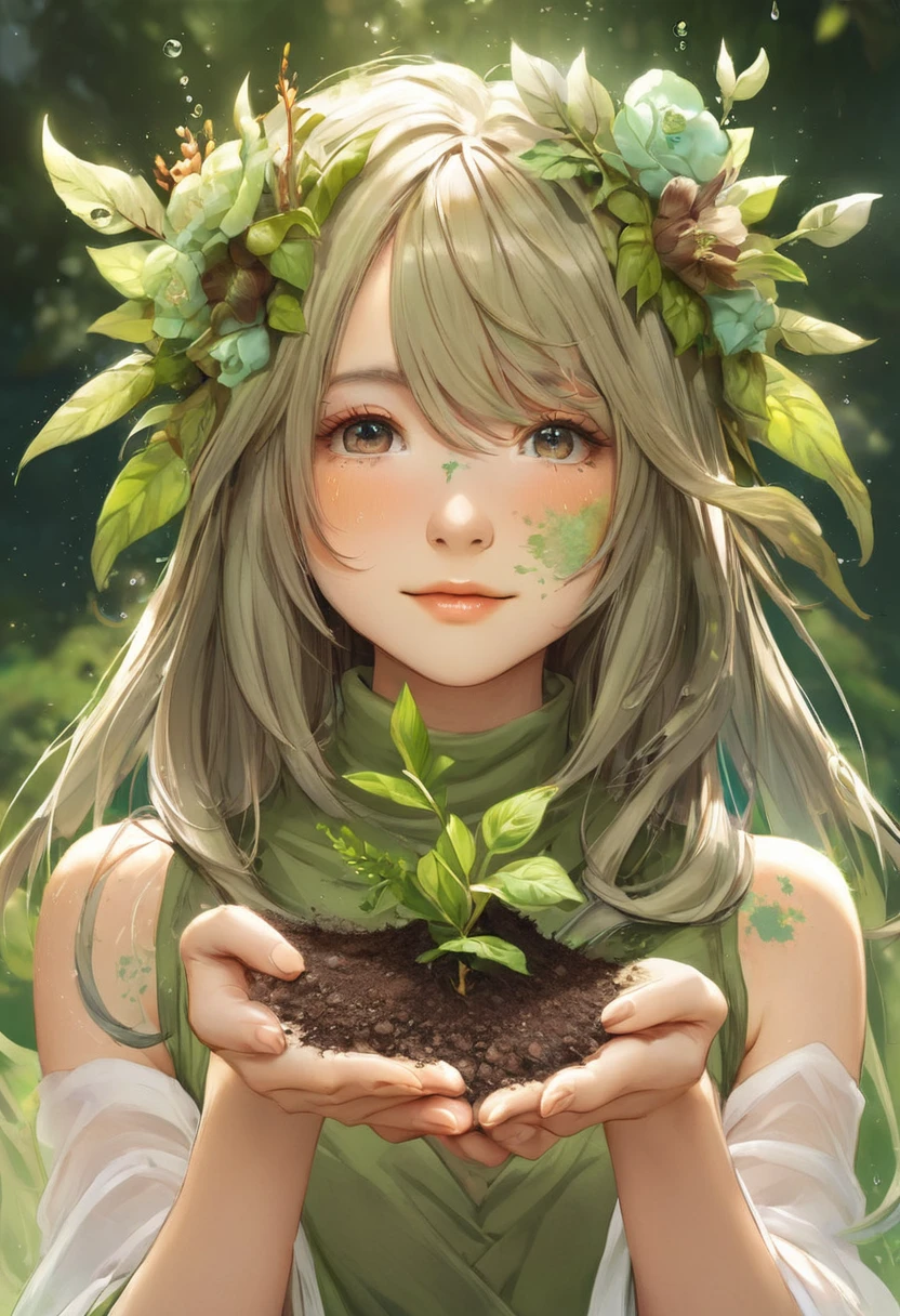 One girl, Female Earth Spirit, Earth-colored hair, Internal soil springs, Put a few drops of soil on your skin,