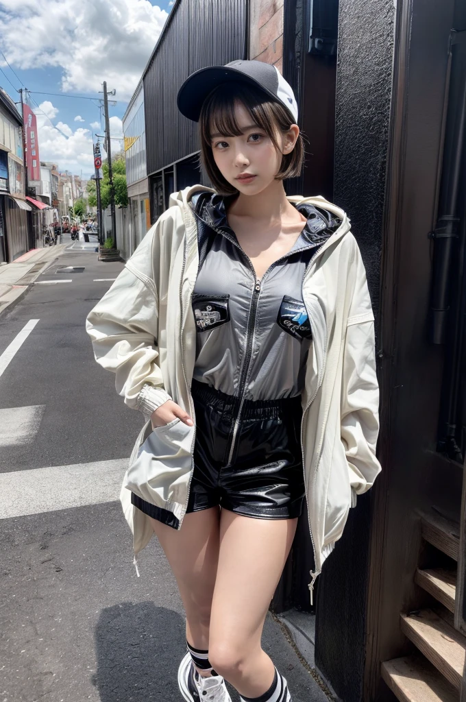 Masterpiece, 8K, award-winning photos, photorealistic, realistic, ultra detailed, ultra high definition, ray tracung, _ the most beautiful, Gravure quality for high-end fashion magazines, 22 years old ,(sexy,Japanese idol, gray hair, short hair),shiny skin , detailed skin , detailed face , perfect anatomy, 1girl
_
BREAK (droopy eyes, Natural makeup:1.2),light color, crying a little, Harajuku style, huge breasts,
_
glowing blue eyes, tan skin,
_
BREAK (black and White theme:1.4), (oversized and baggy black outerwear:1.3), (fusion of black windbreaker and White hoodie:1.4), (black Nylon:1.4), ((zipper, large pocket):1.3), BREAK (black and white :1.2), (black platform high-cut sneakers:1.2),(Black leather short pants),(baseball cap),
Inorganic concrete studio with windows, highly detailed background, , ultra-realistic textures, dramatic lighting ,raw photo, _(dutch angle and curtsey ,on side:1.2), looking at viewer,