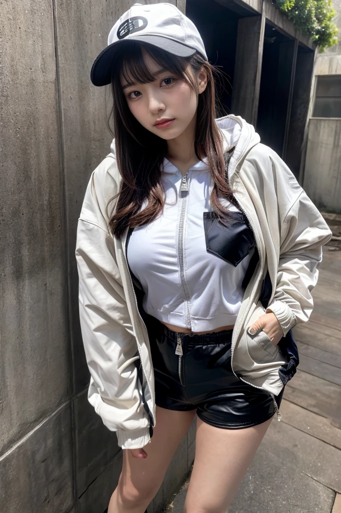 Masterpiece, 8K, award-winning photos, photorealistic, realistic, ultra detailed, ultra high definition, ray tracung, _ the most beautiful, Gravure quality for high-end fashion magazines, 22 years old ,(sexy,Japanese idol, gray hair, short hair),shiny skin , detailed skin , detailed face , perfect anatomy, 1girl
_
BREAK (droopy eyes, Natural makeup:1.2),light color, crying a little, Harajuku style, huge breasts, 
_
glowing blue eyes, tan skin,
_
BREAK (black and White theme:1.4), (oversized and baggy black outerwear:1.3), (fusion of black windbreaker and White hoodie:1.4), (black Nylon:1.4), ((zipper, large pocket):1.3), BREAK (black and white :1.2), (black platform high-cut sneakers:1.2),(Black leather short pants),(baseball cap),
 Inorganic concrete studio with windows, highly detailed background, , ultra-realistic textures, dramatic lighting ,raw photo, _(dutch angle and curtsey ,on side:1.2), looking at viewer,
