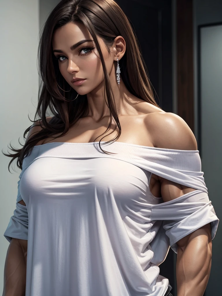 oversized shirt, shirt, off shoulder, (realistic ultra details), hypermuscle, hyper muscles