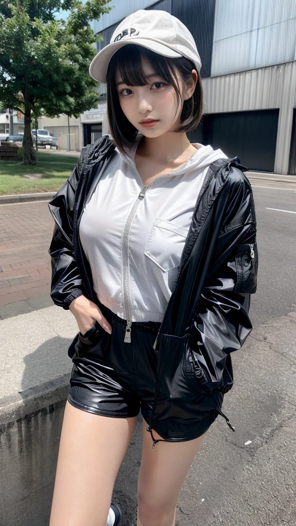 Masterpiece, 8K, award-winning photos, photorealistic, realistic, ultra detailed, ultra high definition, ray tracung, _ the most beautiful, Gravure quality for high-end fashion magazines, 22 years old ,(sexy,Japanese idol, gray hair, short hair),shiny skin , detailed skin , detailed face , perfect ???????, 1girl
_
BREAK (droopy eyes, Natural makeup:1.2),light color, crying a little, Harajuku style, huge breasts, 
_
glowing blue eyes, tan skin,
_
BREAK (black and White theme:1.4), (oversized and baggy black outerwear:1.3), (fusion of black windbreaker and White hoodie:1.4), (black Nylon:1.4), ((zipper, large pocket):1.3), BREAK (black and white :1.2), (black platform high-cut sneakers:1.2),(Black leather short pants),(baseball cap),
 Inorganic concrete studio with windows, highly detailed background, , ultra-realistic textures, dramatic lighting ,raw photo, _(dutch angle and curtsey ,on side:1.2), looking at viewer,