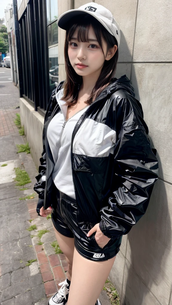 Masterpiece, 8K, award-winning photos, photorealistic, realistic, ultra detailed, ultra high definition, ray tracung, _ the most beautiful, Gravure quality for high-end fashion magazines, 22 years old ,(sexy,Japanese idol, gray hair, short hair),shiny skin , detailed skin , detailed face , perfect anatomy, 1girl
_
BREAK (droopy eyes, Natural makeup:1.2),light color, crying a little, Harajuku style, huge breasts,
_
glowing blue eyes, tan skin,
_
BREAK (black and White theme:1.4), (oversized and baggy black outerwear:1.3), (fusion of black windbreaker and White hoodie:1.4), (black Nylon:1.4), ((zipper, large pocket):1.3), BREAK (black and white :1.2), (black platform high-cut sneakers:1.2),(Black leather short pants),(baseball cap),
Inorganic concrete studio with windows, highly detailed background, , ultra-realistic textures, dramatic lighting ,raw photo, _(dutch angle and curtsey ,on side:1.2), looking at viewer,