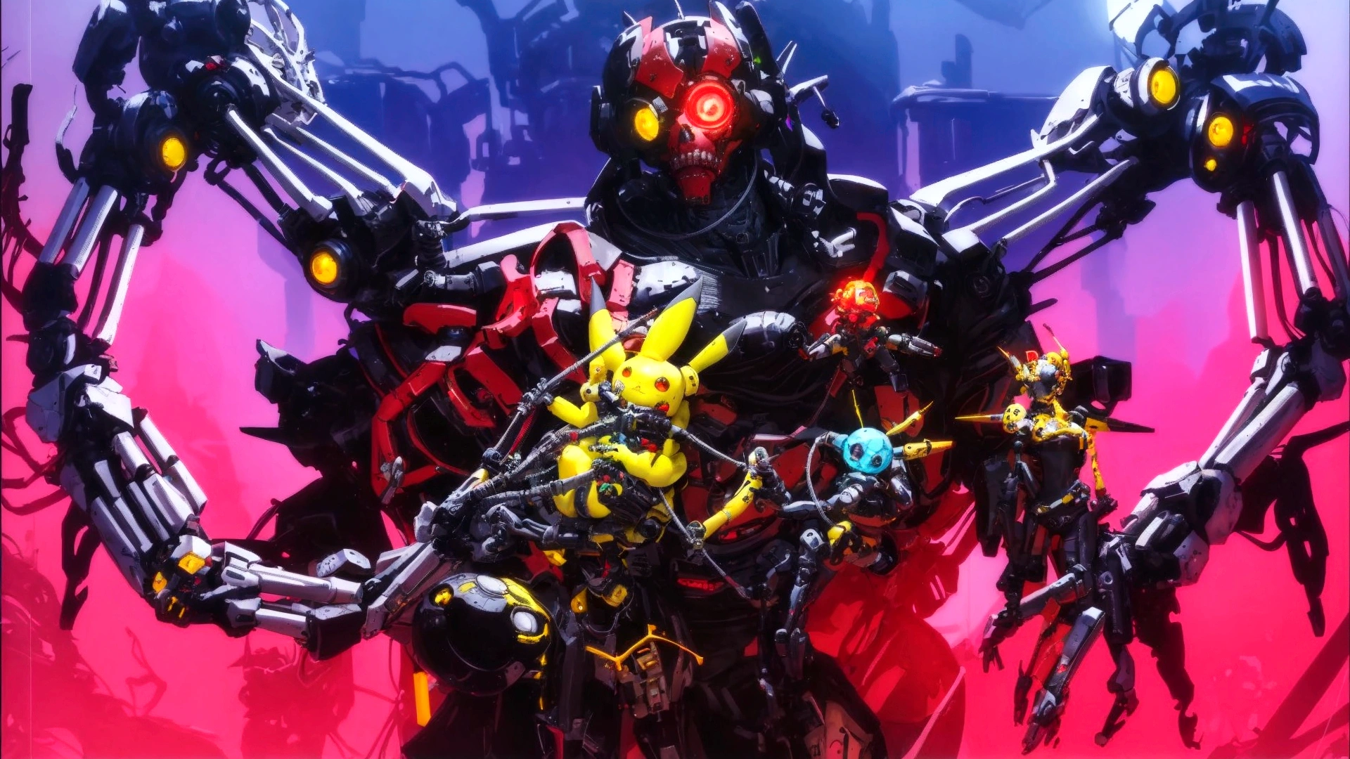 there is a robot with many arms and legs, holding a bunch of toys, Love death and Robots, anime robotics, mixed with organics, reypunk, Official work of art, cool composition, Neon punk, Love death + Robots, death and Robots, Colorful sci-fi steampunk, Cyberpunk Pikachu, Cyberpunk, bright colors, bright fan art, high detailed Official work of art, cyber core