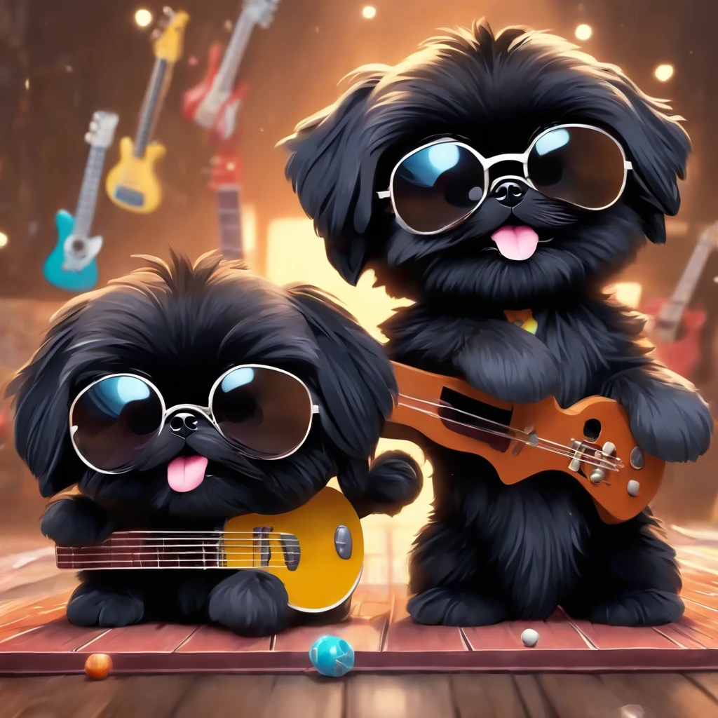 2 Adorable small happy black Shih Tzu puppies wearing sunglasses playing guitar
Pixar 3D cartoon