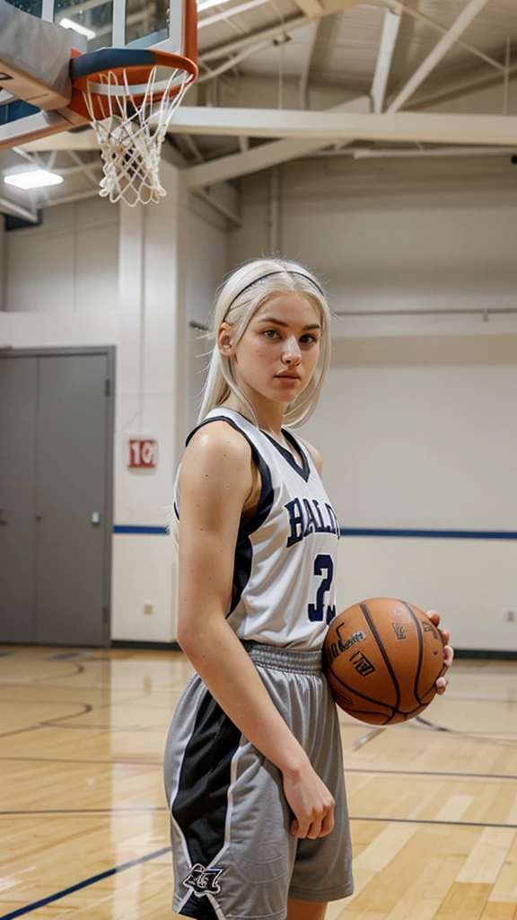 14 year old girl with white hair, light gray eyes, white skin basketball player