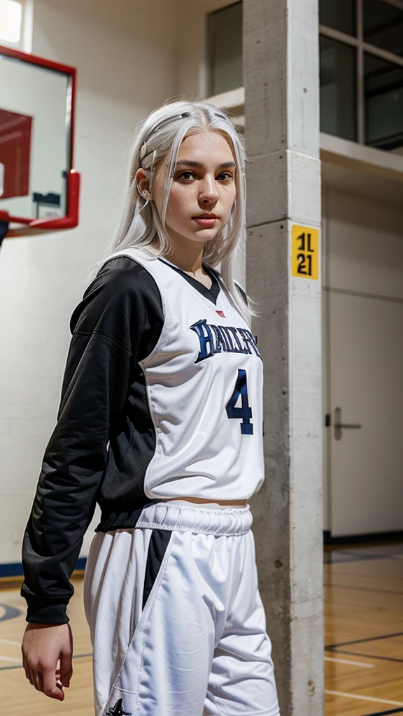 14 year old girl with white hair, light gray eyes, white skin basketball player