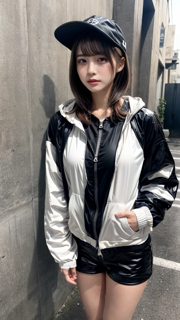 Masterpiece, 8K, award-winning photos, photorealistic, realistic, ultra detailed, ultra high definition, ray tracung, _ the most beautiful, Gravure quality for high-end fashion magazines, 22 years old ,(sexy,Japanese idol, gray hair, short hair),shiny skin , detailed skin , detailed face , perfect anatomy, 1girl
_
BREAK (droopy eyes, Natural makeup:1.2),light color, crying a little, Harajuku style, huge breasts,
_
glowing blue eyes, tan skin,
_
BREAK (black and White theme:1.4), (oversized and baggy black outerwear:1.3), (fusion of black windbreaker and White hoodie:1.4), (black Nylon:1.4), ((zipper, large pocket):1.3), BREAK (black and white :1.2), (black platform high-cut sneakers:1.2),(Black leather short pants),(baseball cap),
Inorganic concrete studio with windows, highly detailed background, , ultra-realistic textures, dramatic lighting ,raw photo, _(dutch angle and curtsey ,on side:1.2), looking at viewer,