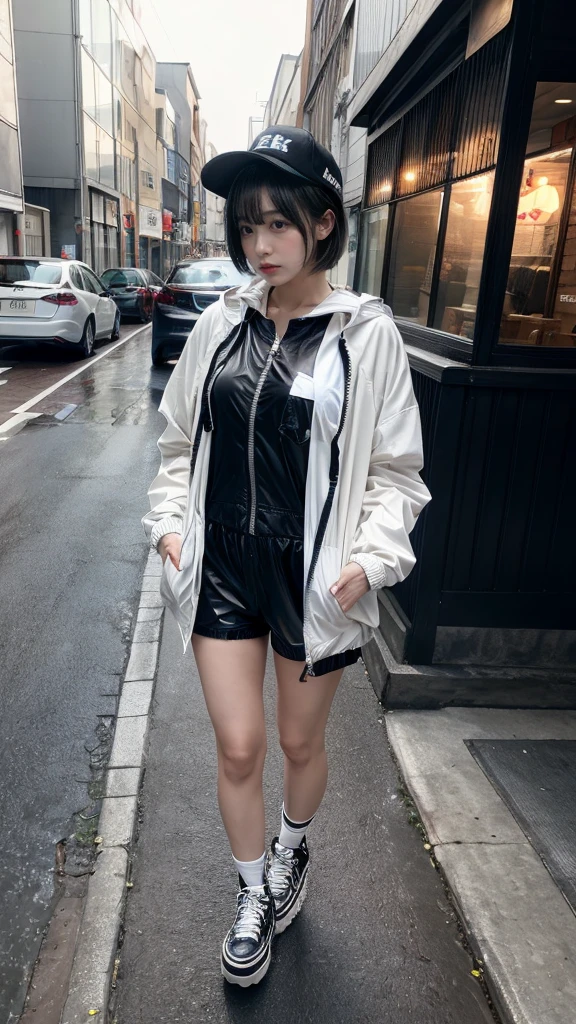 Masterpiece, 8K, award-winning photos, photorealistic, realistic, ultra detailed, ultra high definition, ray tracung, _ the most beautiful, Gravure quality for high-end fashion magazines, 22 years old ,(sexy,Japanese idol, gray hair, short hair),shiny skin , detailed skin , detailed face , perfect anatomy, 1girl
_
BREAK (droopy eyes, Natural makeup:1.2),light color, crying a little, Harajuku style, huge breasts, 
_
glowing blue eyes, tan skin,
_
BREAK (black and White theme:1.4), (oversized and baggy black outerwear:1.3), (fusion of black windbreaker and White hoodie:1.4), (black Nylon:1.4), ((zipper, large pocket):1.3), BREAK (black and white :1.2), (black platform high-cut sneakers:1.2),(Black leather short pants),(baseball cap),
 Inorganic concrete studio with windows, highly detailed background, , ultra-realistic textures, dramatic lighting ,raw photo, _(dutch angle and curtsey ,on side:1.2), looking at viewer,