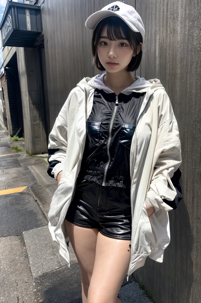 Masterpiece, 8K, award-winning photos, photorealistic, realistic, ultra detailed, ultra high definition, ray tracung, _ the most beautiful, Gravure quality for high-end fashion magazines, 22 years old ,(sexy,Japanese idol, gray hair, short hair),shiny skin , detailed skin , detailed face , perfect anatomy, 1girl
_
BREAK (droopy eyes, Natural makeup:1.2),light color, crying a little, Harajuku style, huge breasts,
_
glowing blue eyes, tan skin,
_
BREAK (black and White theme:1.4), (oversized and baggy black outerwear:1.3), (fusion of black windbreaker and White hoodie:1.4), (black Nylon:1.4), ((zipper, large pocket):1.3), BREAK (black and white :1.2), (black platform high-cut sneakers:1.2),(Black leather short pants),(baseball cap),
Inorganic concrete studio with windows, highly detailed background, , ultra-realistic textures, dramatic lighting ,raw photo, _(dutch angle and curtsey ,on side:1.2), looking at viewer,