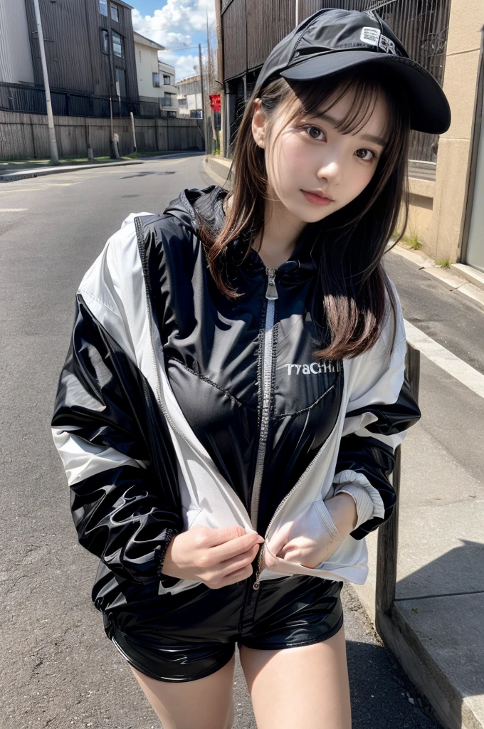 Masterpiece, 8K, award-winning photos, photorealistic, realistic, ultra detailed, ultra high definition, ray tracung, _ the most beautiful, Gravure quality for high-end fashion magazines, 22 years old ,(sexy,Japanese idol, gray hair, short hair),shiny skin , detailed skin , detailed face , perfect anatomy, 1girl
_
BREAK (droopy eyes, Natural makeup:1.2),light color, crying a little, Harajuku style, huge breasts, 
_
glowing blue eyes, tan skin,
_
BREAK (black and White theme:1.4), (oversized and baggy black outerwear:1.3), (fusion of black windbreaker and White hoodie:1.4), (black Nylon:1.4), ((zipper, large pocket):1.3), BREAK (black and white :1.2), (black platform high-cut sneakers:1.2),(Black leather short pants),(baseball cap),
 Inorganic concrete studio with windows, highly detailed background, , ultra-realistic textures, dramatic lighting ,raw photo, _(dutch angle and curtsey ,on side:1.2), looking at viewer,