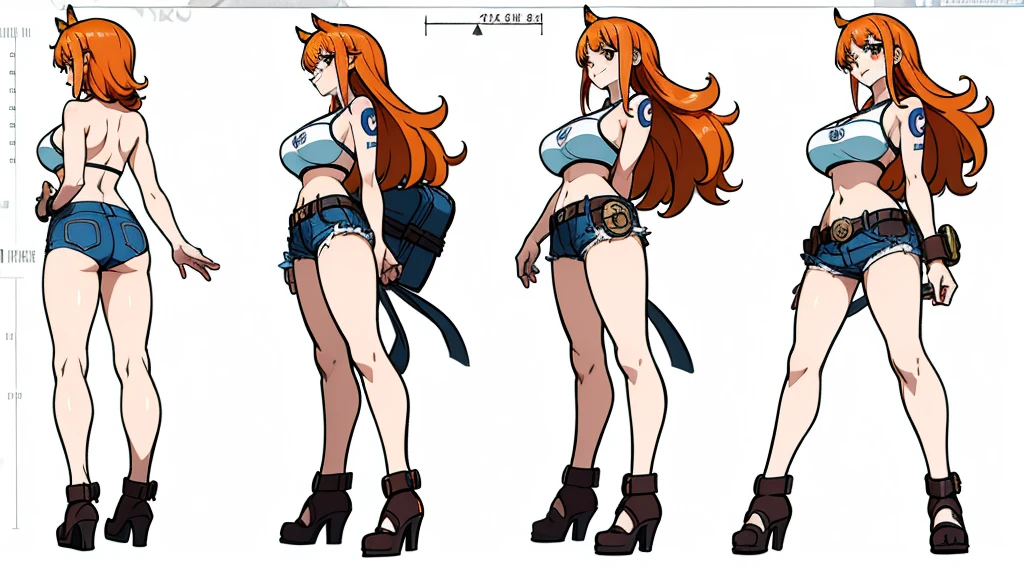 ((Best Quality)), ((Masterpiece)), (((detailed character sheet, frontal view, side view, three quarter view))) white background、one piece、US、whole body、whole bodyイラスト、whole bodyアニメーション、whole bodyリファレンスシート、denim、Tank top、High heels、Swimwear、bikini、original、New World、Long Hair、Orange Hair、Tattoo on left arm、Ring belt、Heighten your head、smile、Cute face、Big Breasts、Narrow waist、Long legs、Beautiful feet