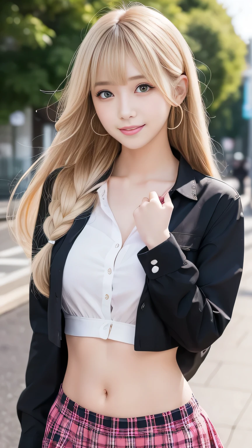 Sexy big ,14歳のbeautiful女の子はセクシーでかわいい & かわいいbeautifulセクシーな顔, A strong wind blows my hair in front of my face,beautiful super long metallic blonde French braids and、beautiful, Cute and sexy eyes hidden behind long bangs、Belly button shirt、Very short pink and black checkered miniskirt、Turn around and look at me with a smile、