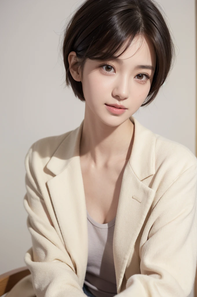 realistic light,natural light,white background,최고 quality、8 thousand、32,000、masterpiece、uhd:1.2) quality, primitive photorealism, laugh, Beautiful girl, cute, Short hair, depth of field, high resolution, ultra detail, Highly detailed eyes and face,small eyes,Short hair,short cut,short hair,Ivory Jacket