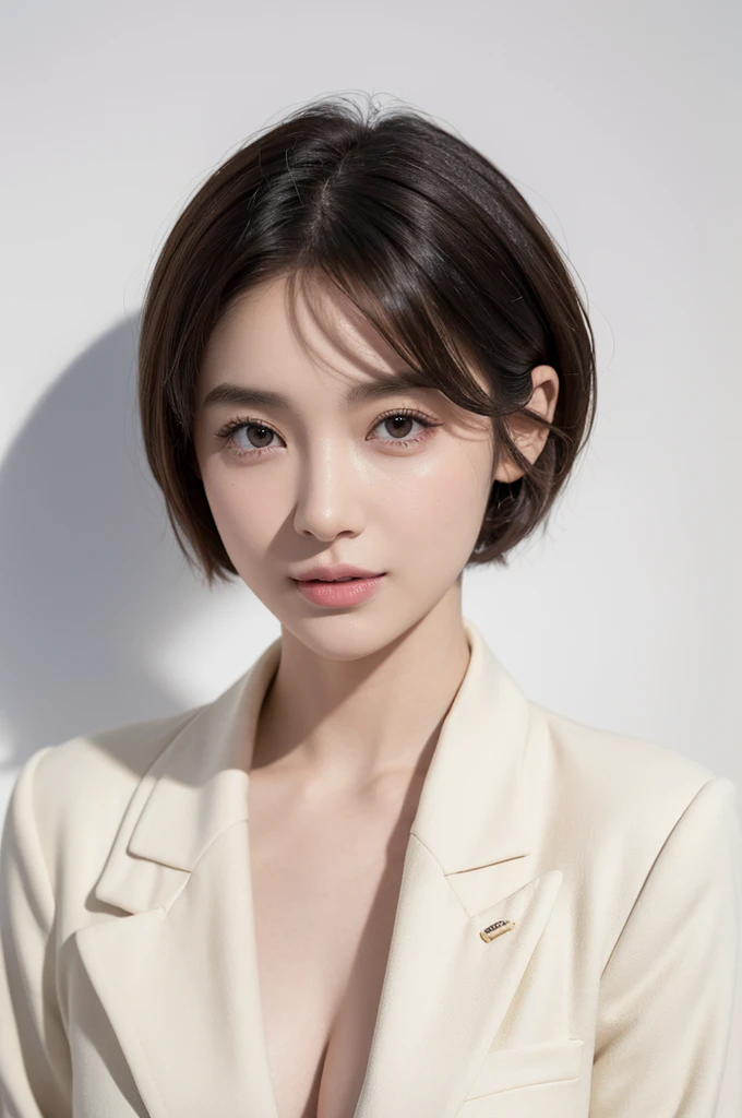 realistic light,natural light,white background,최고 quality、8 thousand、32,000、masterpiece、uhd:1.2) quality, primitive photorealism, laugh, Beautiful girl, cute, Short hair, depth of field, high resolution, ultra detail, Highly detailed eyes and face,small eyes,Short hair,short cut,short hair,Ivory Jacket