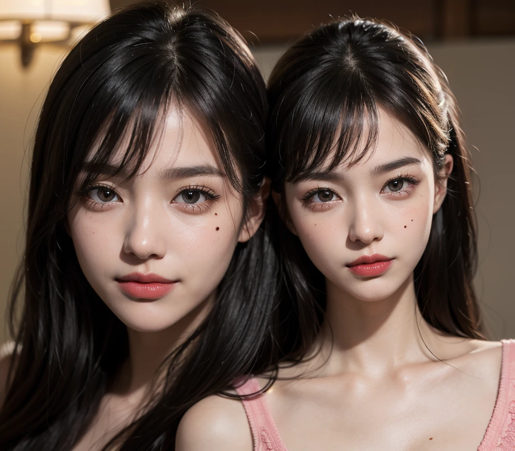 1 girl, 19 years old, south korean, 4k, masterpiece, realistic, realistic textures, frekles under eyes, long whavy black hair, shining pink pupils, detailed pupils, red lips, red eyeliners, happy, big smile, closed mouth, a mole in neck, multiple of frekles under eyes, detailed face, facing camera, bright colors, close up, face focus.