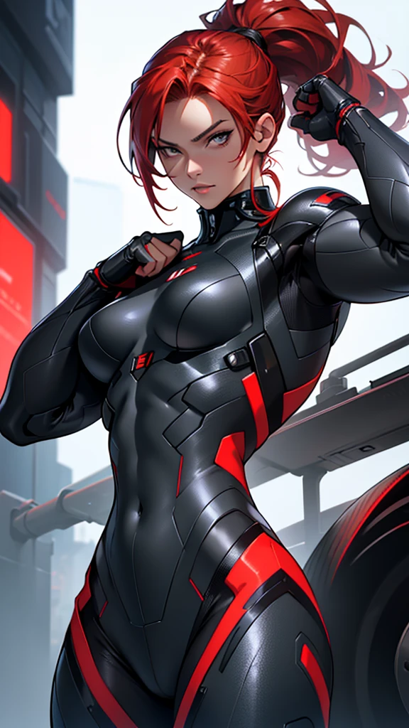 Beautiful cybernetic girl detailed muscles realistic masterpieces full figure pose (best quality,ultra-detailed), low ponytail, red hair, fair skin, fit body, slim figure, narrow waist, (sultry expression), black carbon fiber cybernetic mobile combat suit
