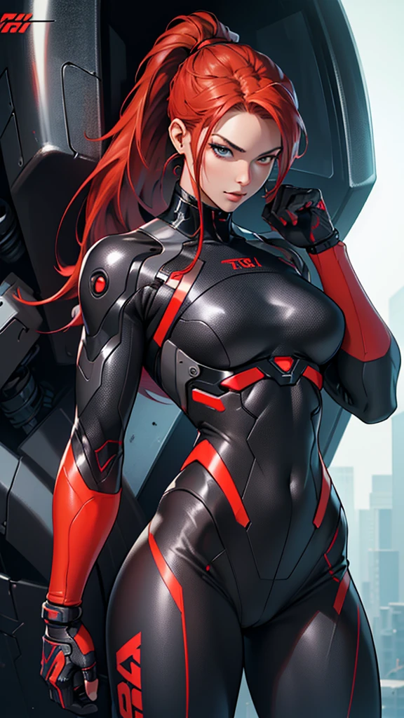 Beautiful cybernetic girl detailed muscles realistic masterpieces full figure pose (best quality,ultra-detailed), low ponytail, red hair, fair skin, fit body, slim figure, narrow waist, (sultry expression), black carbon fiber cybernetic mobile combat suit