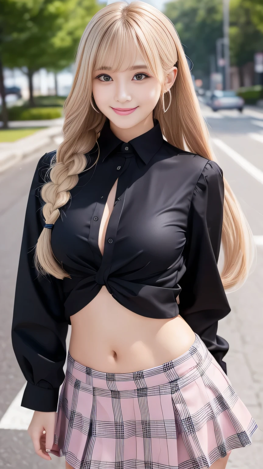 Sexy big ,のbeautiful女の子はセクシーでかわいい & かわいいbeautifulセクシーな顔, A strong wind blows my hair in front of my face,beautiful super long metallic blonde French braids and、beautiful, Cute and sexy eyes hidden behind long bangs、Belly button shirt、Very short pink and black checkered miniskirt、Turn around and look at me with a smile、