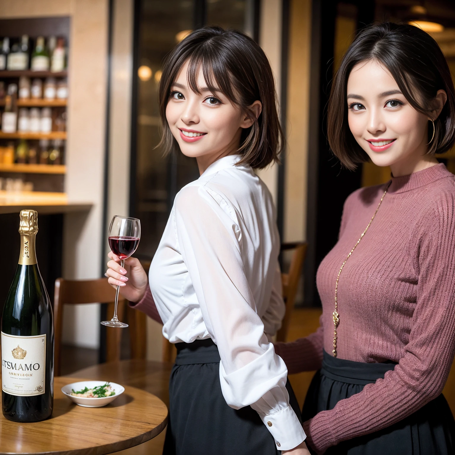 ((Highest quality、8K、masterpiece:1.3))、slimカップル、Pink rubber、modelカップル、(Realistic, Intricate details:1.2), full-course dinner、Wine Party、Amazing view of the sunset sky and clouds、A bright smile、The wonderfulness of smile、Bright image、The beauty of wine, Beautiful Face, blue eyes, The light shines on your face, Blushing, short hair,Bright Face、 (Age 37), 39 years old, red wine 、Appetizers、Italian food、Wine bottle、Champagne、sparkling wine、Two beauties、Brown Hair、Shortcuts、Long sleeve shirt、dress、Beautiful woman 1, (slimな顔), (The body is slim), (Brown Hair), (Shortcuts), cheeks turn a little red,Attractive beauty、restaurant, In a prominent place (From the waist up) Nova Frog Style, actress, model, Upper Body, White wine, slim, wine glass, 中央に置かれたwine glass, smile, (smile: 1.15), Beautiful fine grain, Depth f/2,saturation, High Contrast, Strong light and shadow,Moist Body:1.5、3D texture、Delicate eyes、Brown Hair、The hair is very shiny、