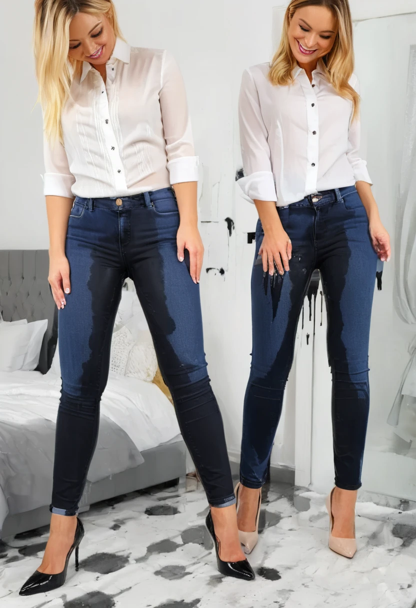 two attractive blonde women one wearing black skinny jeans one wearing dark blue skinny jeans, high heel pumps, white blouse, standing in a bedroom,  wetting, big smile, pee stains are gleaming wet