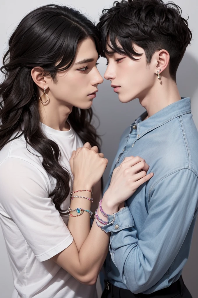 I want an LGBT couple, where there are two boys holding hands, a taller, and wearing earrings, the other lower, wearing bracelets , one with wavy hair and the other straight black