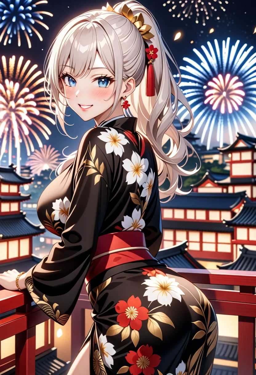 ((One personの女性)), Beautiful Face, (Laughing embarrassedly), (seductive smile:1.4), ((Wink:1.9)), (head tilt:1.3), Laugh with your mouth wide open, upper teeth, looking at viewer, ((full-face blush:1.6)),Glossy Red Lips,Night view, High terrace, firework, Glossy red lips, Shining Face, ((Anime style background)),masterpiece, Highest quality, so beautiful,up to date, Complex details, (Pink long nails),(ring),(bracelet),(Floral choker),AI-generated, Complex,High resolution, Highest quality, super high quality,3D Images、3D Images,One person,Long white hair,High Ponytail, Anime woman posing for a photo,(blue eyes), ((Fine grain、Silvery white, lightly pigmented eyes、Shining Eyes:1.3)), (Squint your eyes:1.1),a hyperRealistic , hyperRealistic , Realistic,Anime woman with long white hair, Smooth anime CG art, A woman in a colorful kimono with gold embroidery, ((Black long sleeve kimono)),Red floral pattern,Long flower hair ornament,Earrings,Mature Body,(Big Breasts:1.2,Tall,Abdominal muscles,Tight waist,(Leaning forward), (hip focus:1.1), ((looking back)),
