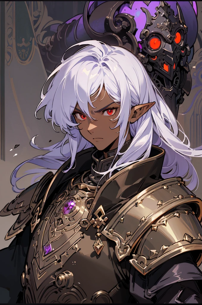 masterpiece, best quality, ultra high res, dark theme, 1boy, (dungeonpunk armor), (mechanical steampunk armor), (wearing armor), fantasy illustration, dark skinned, human, upper body, portrait, red eyes, long white hair, half-drow, pointy ears, serious face, young man, dramatic lighting, purple hue, art by Kinema Citrus