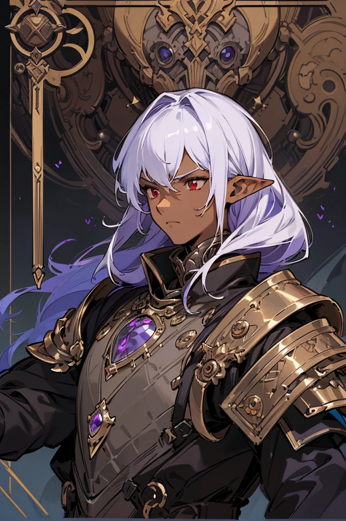 masterpiece, best quality, ultra high res, dark theme, 1boy, (dungeonpunk armor), (mechanical steampunk armor), (wearing armor), fantasy illustration, dark skinned, human, upper body, portrait, red eyes, long white hair, half-drow, pointy ears, serious face, young man, dramatic lighting, purple hue, art by Kinema Citrus