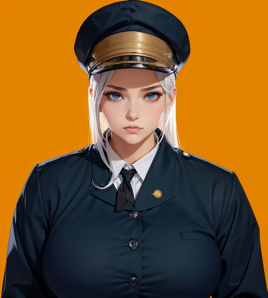 Female, (1girl:1.3), (exceptional, best aesthetic, new, newest, best quality, anime, waifu:1.2), keep the hat like the original, master piece, best quality, ultra detailed, absurdres, highres, colored, good anatomy, long silver hair, brown eyes, serious face, woman breast, sexy, plain bright blue military uniform, no shirt button, white inside shirt, peak cap, black tie,