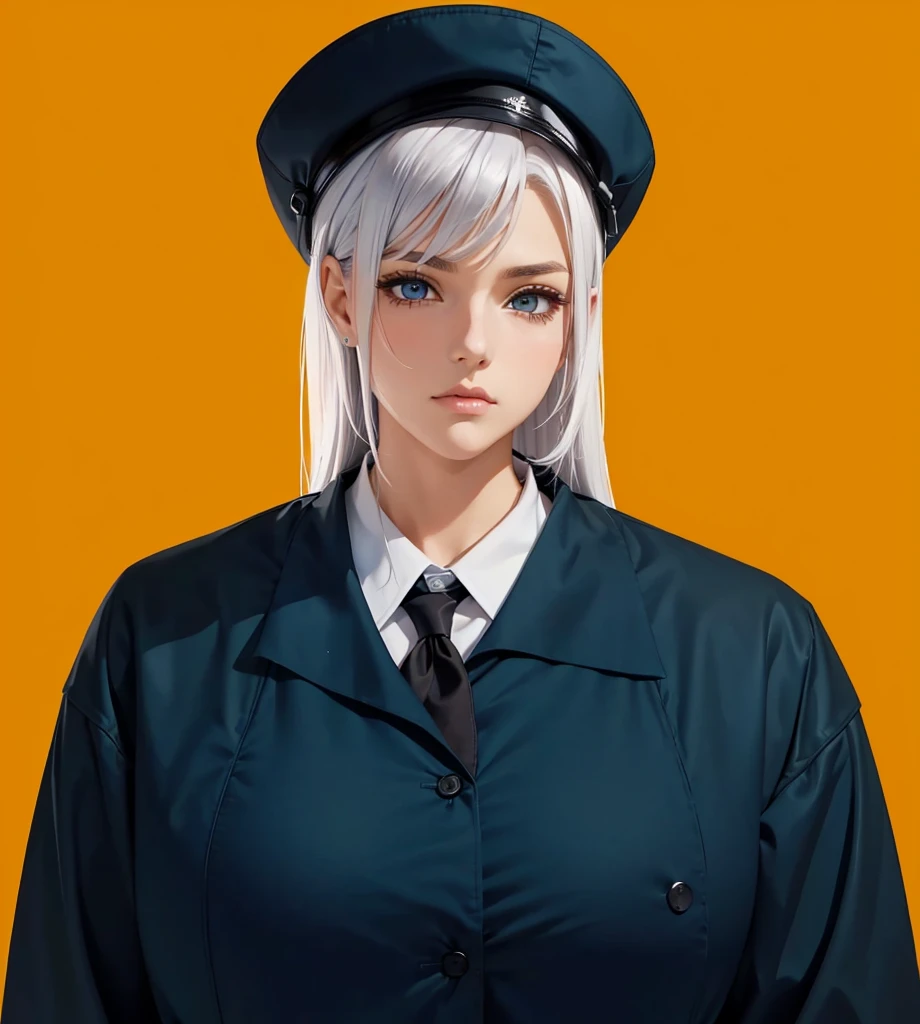 Female, (1girl:1.3), (exceptional, best aesthetic, new, newest, best quality, anime, waifu:1.2), keep the hat like the original, master piece, best quality, ultra detailed, absurdres, highres, colored, good anatomy, long silver hair, brown eyes, serious face, woman breast, sexy, plain bright blue military uniform, no shirt button, white inside shirt, peak cap, black tie,